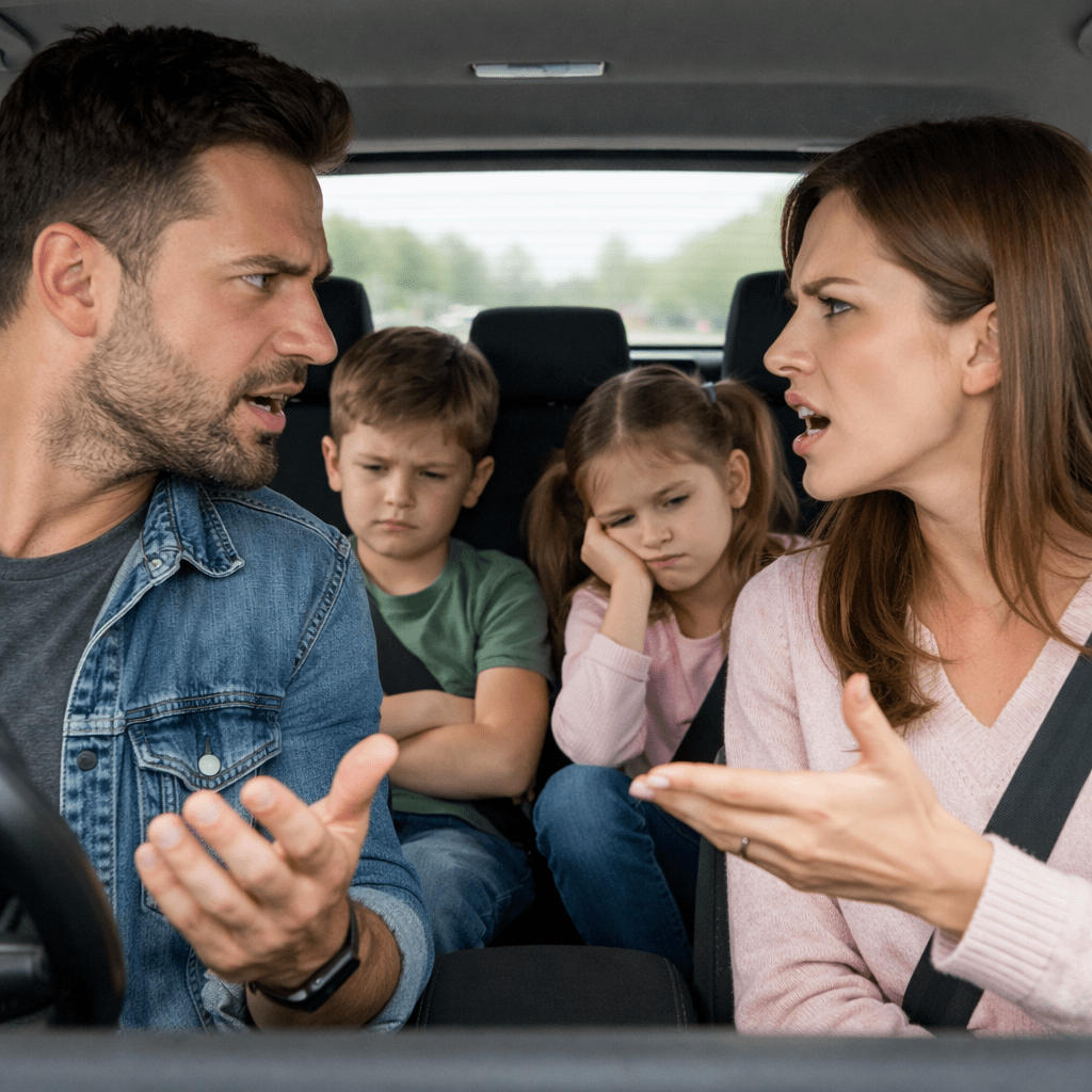 Man and woman arguing in car front seats, two unhappy children in backseat